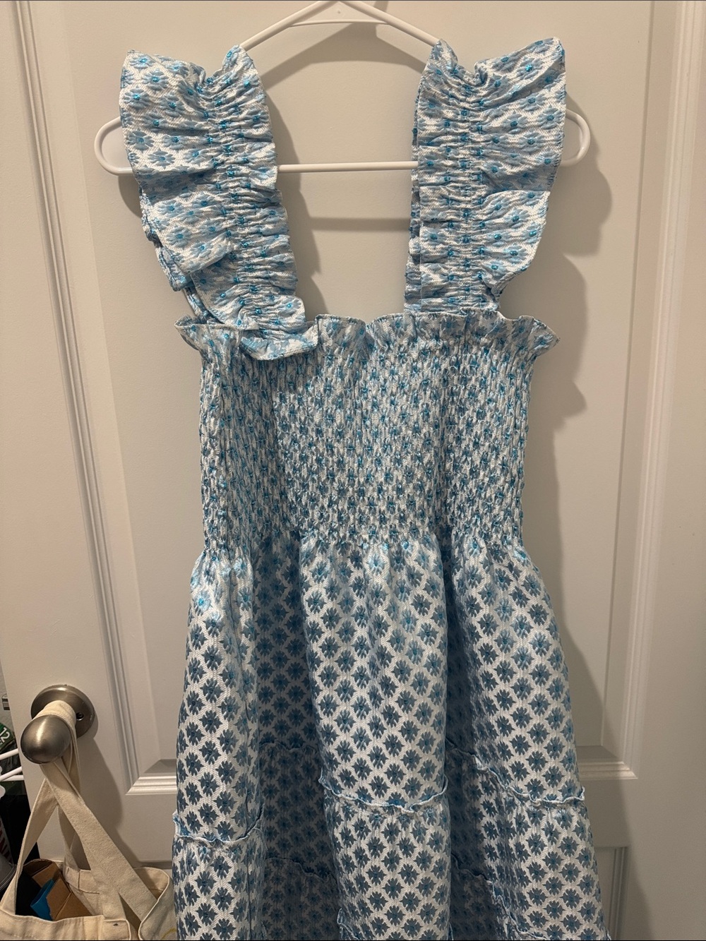 Hill House Light Blue Floral Smocked Ruffle Strap Dress